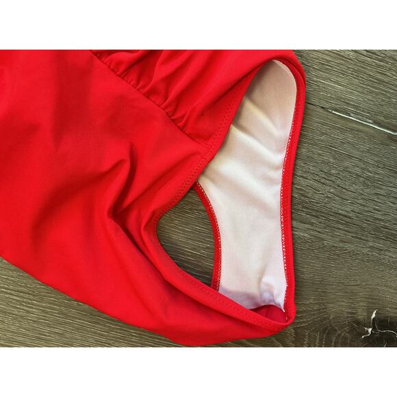 One Piece Ruched Side Halter‎ Neck Mesh Detail Red Bathing Swim Suit Womens XS - Picture 8 of 9